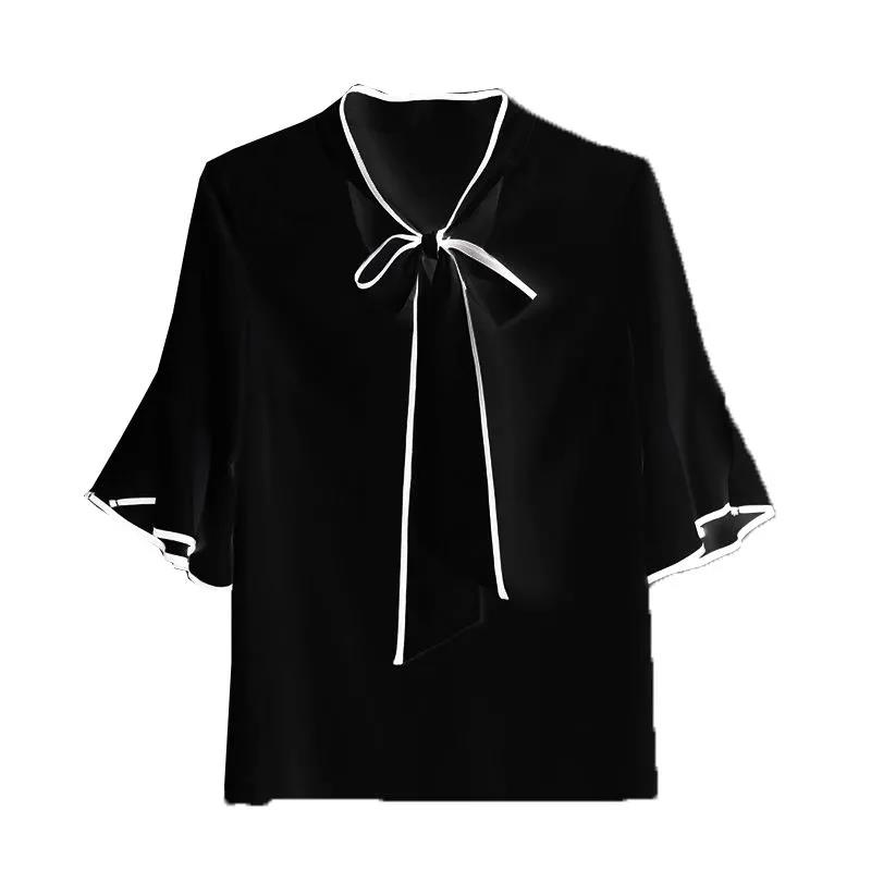 Large Size Women's Short-sleeved Chiffon Shirt Summer Shirt Loose and Thin Bow Ruffled Blouse Black and White Shirt Elegant Temperament Lady Fan