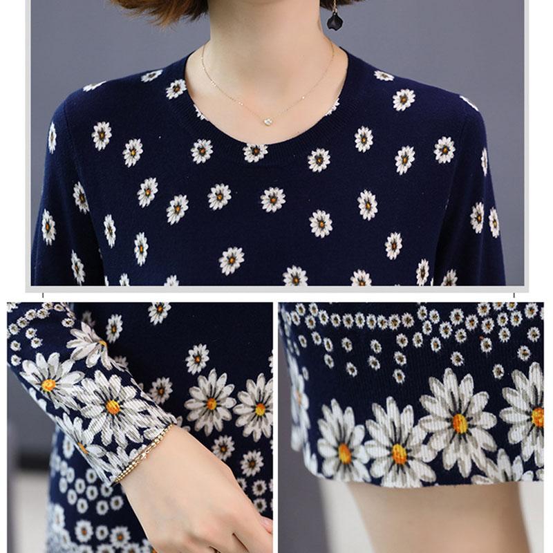 Floral Print Sweater Dress Women Autumn Winter  Knitted Pullover O-Neck Long Sleeve Long Knit Dress