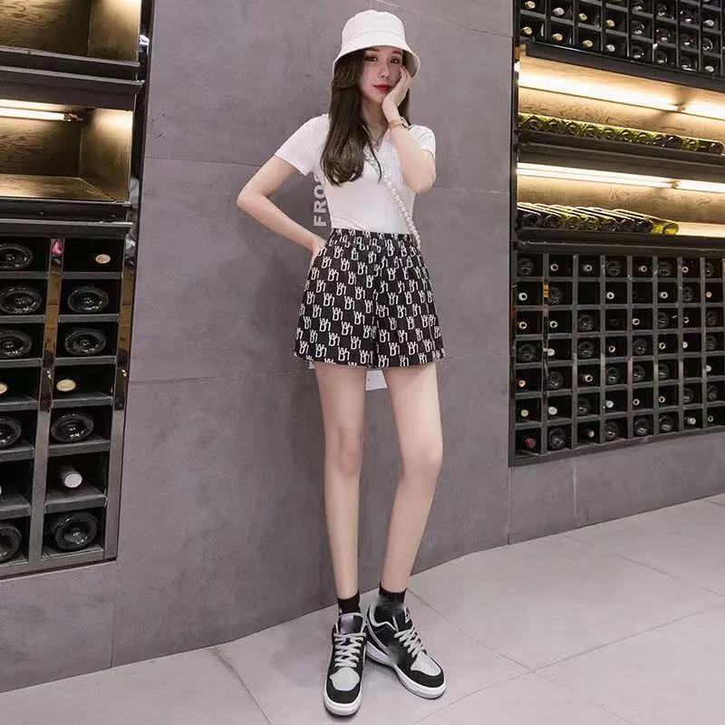 Letter High Waist Casual Shorts Women's Thin and Loose High Wide-leg Shorts Women's Casual Sports Shorts Women's Thin and Breathable