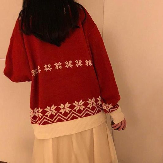 Autumn  Winter Women's Loose Santa Claus Snowflake Long-sleeved Pullover Loose Bottoming Sweater Knited  Top