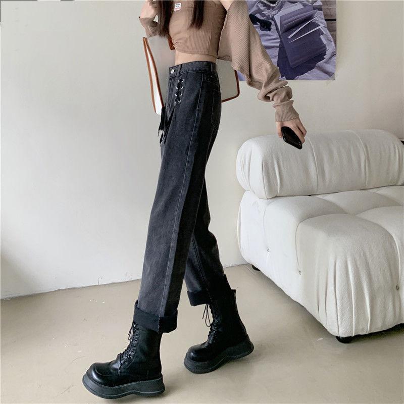 Designful Retro Tie Jeans Female Autumn Korean Version of The High Waist Slim Vertical Straight Widespipe