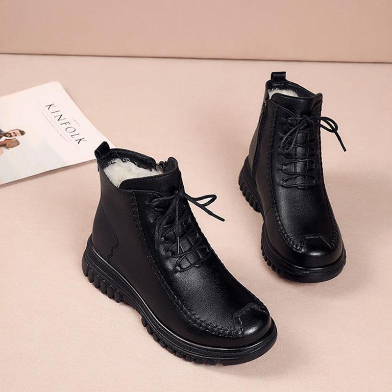 Short Boots Plus Velvet Winter Flat Non-slip Soft Leather Cotton Shoes Martin Boots Warm Sports Shoes Leather Shoes Waterproof