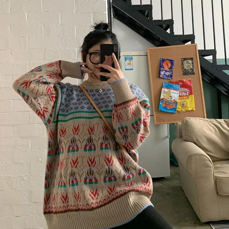 Autumn Winter  Women Fashion Sweater Casual Knitting Sweater Retro Print Round Neck Pullovers Loose Casual Long Sleeve Sweater