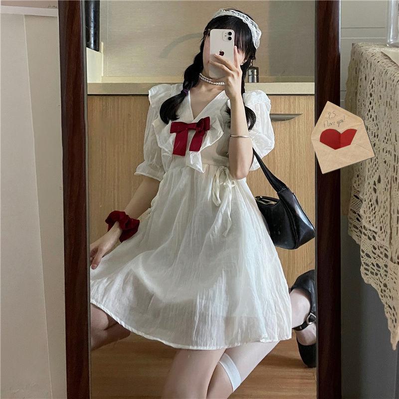 Women's Summer Dress Short Sleeve Sweet and Cute Bow Dress Summer Student White Chiffon Skirt Daily Wear Office Dating Party