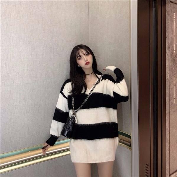Pofulove Striped V-neck Long-sleeved Sweater Women's Hedging Loose Mid-length Coat Autumn Winter