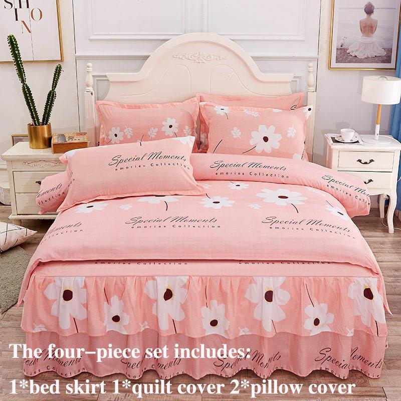 Four-piece Bed Skirt Printed Bedding Skin-friendly Sanding Quilt Cover Pillowcase Bilateral Bed Skirt Set