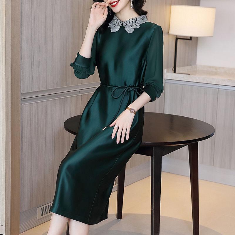 Plus Size M-XXXXL Summer Silky Satin Ladies Dress Over-the-knee Stand-collar Dress Free Belts of The Same Color