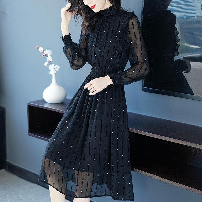 Spring Vintage Leaves Print Bohemian Dress Women Boho Chiffon Long Sleeve A Line Dress Stand-up Collar Summer Beach