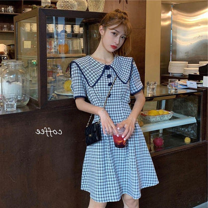 Baby Collar Bubble Sleeve Plaid Graceful Dress Summer Gentle Retro Elegant Slim Dress