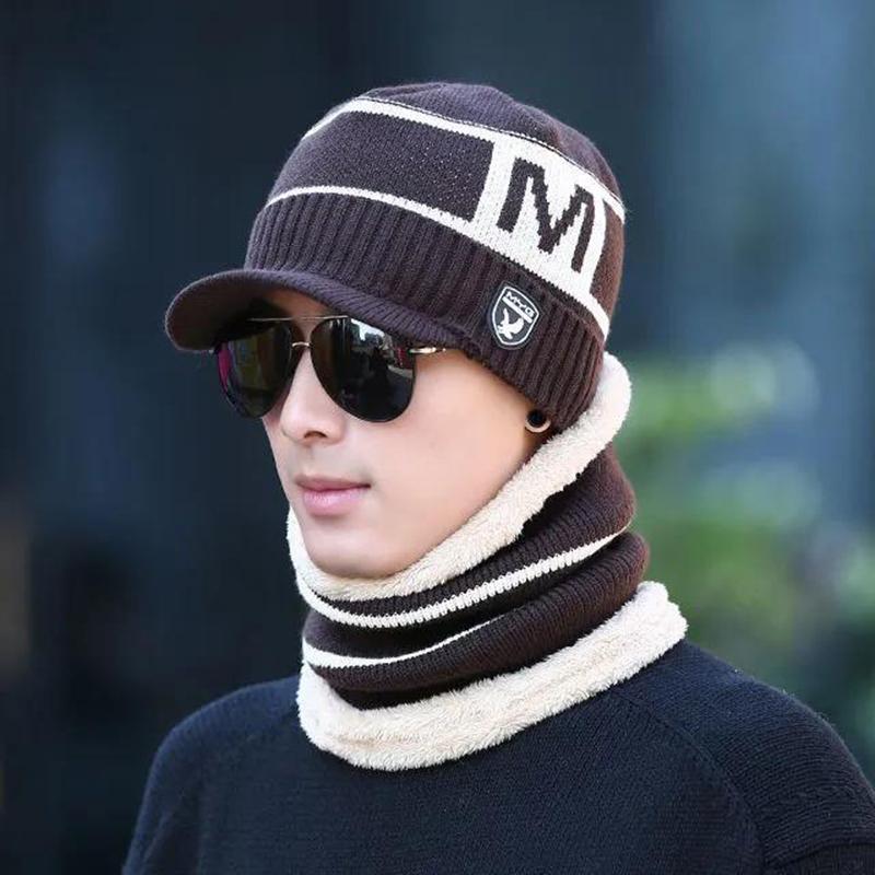 Winter Men's Hats and Collars Fashion Korean Letters Printed Knitted Hats Cold-proof Ear Protection Plus Fluffy Line Caps