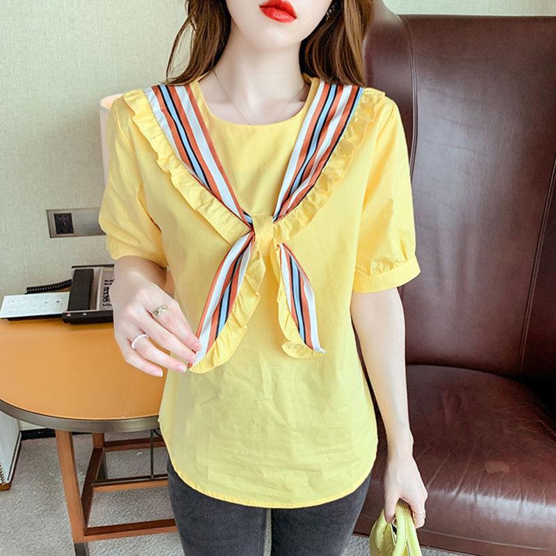 Short Sleeve T-shirt Women's Summer Loose Round Neck Tie Bow All Match Top