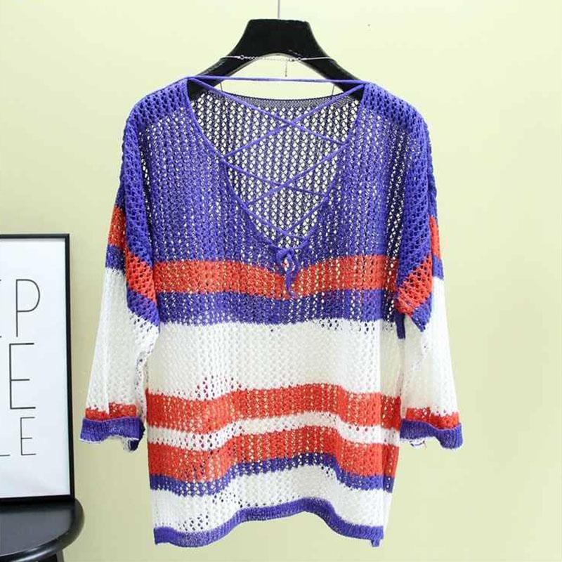 Loose Ice Silk Sunscreen Tops Thin Hollow Knitted Blouses Women's Casual Tops Personality Hollow Color Matching Sweet Pullovers