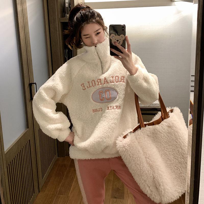 Hoodless High-neck Lamb Wool Sweater Women Winter Thick Loose Letter Coat Embroidered Warm Top
