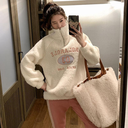 Hoodless High-neck Lamb Wool Sweater Women Winter Thick Loose Letter Coat Embroidered Warm Top
