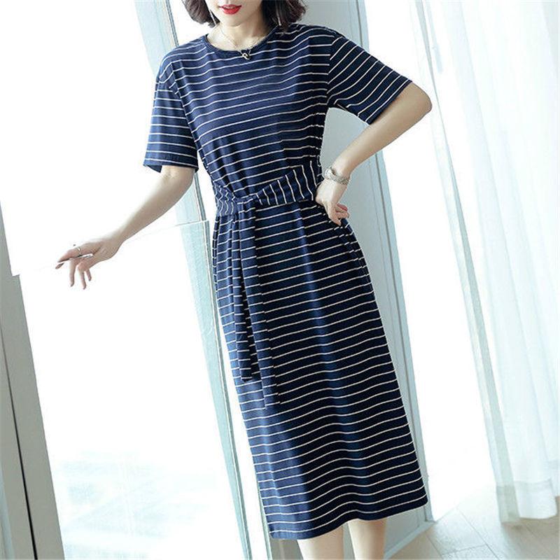 Summer Women Round Neck Enough Stock Short-sleeved Dress Black White Striped Dresses Casual Elegant Sheath Slim Dress