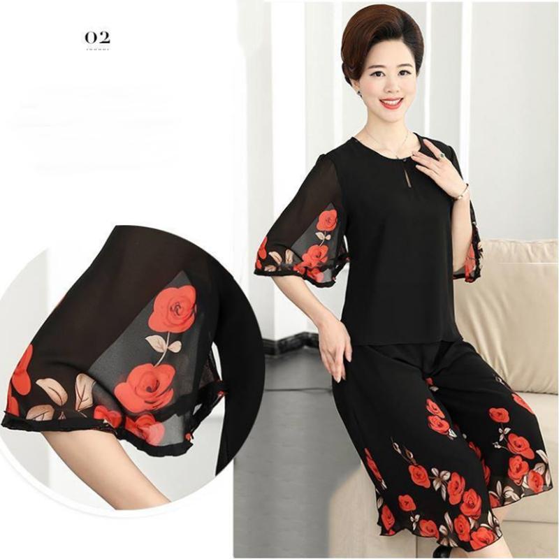 WTEMPO Women's Plus Size 2pcs Chiffon Shirt Pants Suit  Spring and Summer Bat Sleeve Loose Casual Two-piece Set