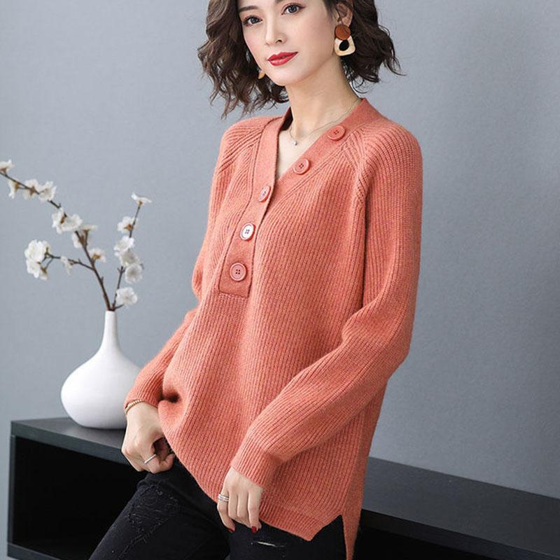 Spring and Autumn V-neck Loose Top Solid Color Plus Size Sweater Simple Casual Women Bottoming Shirt