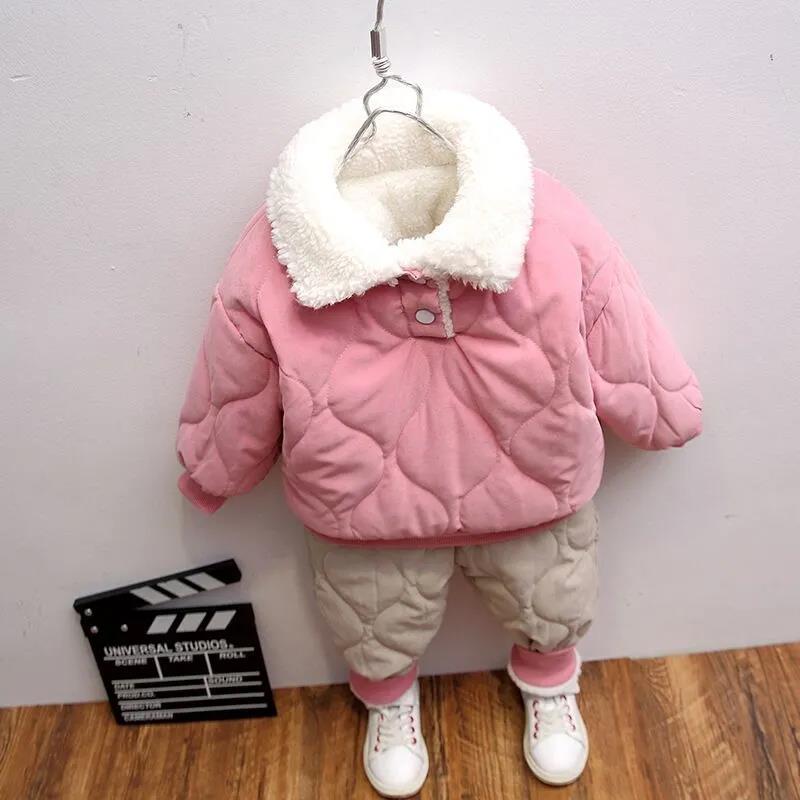 Girls' Winter Cotton-padded Clothes Suit Tide Baby Plus Velvet Thickening Two-piece Suit Children's Children's Western Style Cotton-padded Clothes