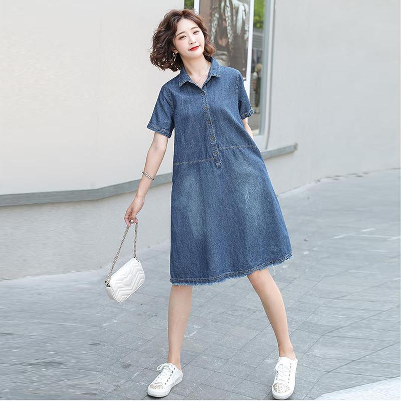 Long Dress Long Sleeve Shirt Dress Women Denim Long Dresses Pocket Button Shirt Print Dress Casual Loose Dresses 2021