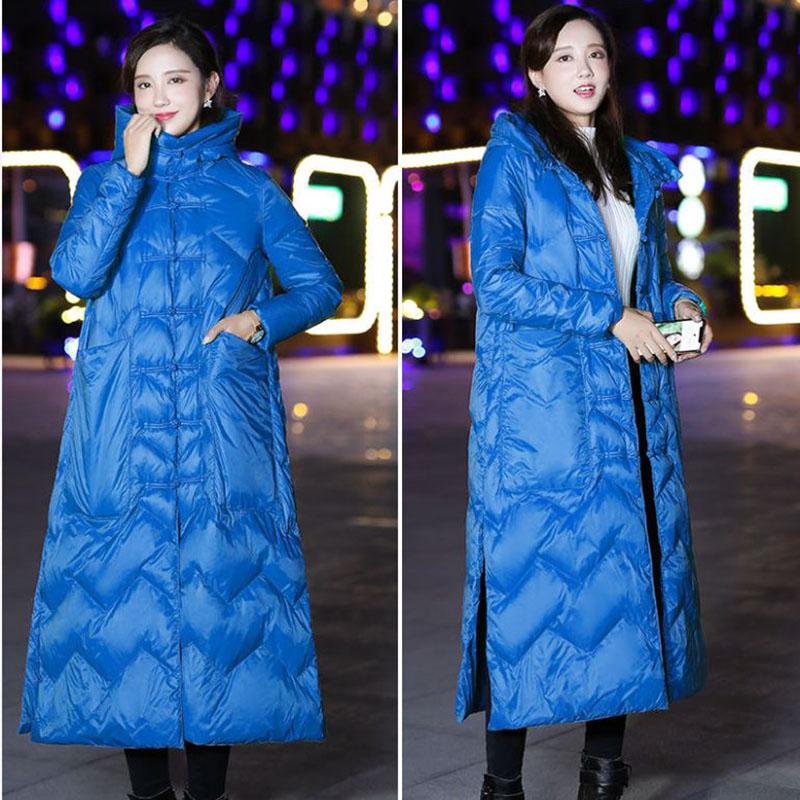 Long Down Jacket Retro Literary Print Hooded Cotton Jacket Lengthened Thick Loose Slit Windbreaker Jacket