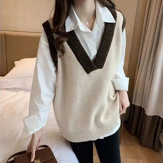 Autumn and Winter Retro Color Matching Vest V-neck Pullover Sleeveless Sweater Loose Casual Top