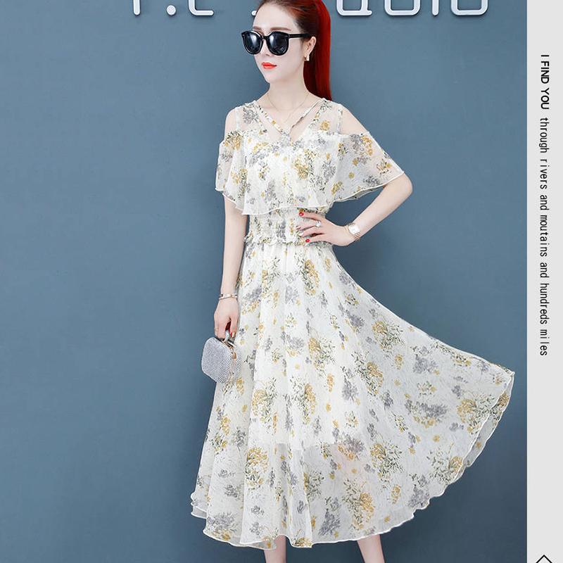Temperament Floral Dress Women's Summer All-match Off-the-shoulder Waist-swinging Mid-length Chiffon A-line Skirt Fabric Light and Breathable