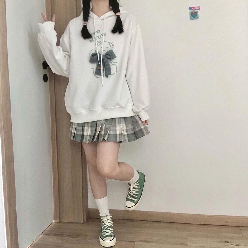 Winter Hoodies Women Hooded Tops Thick Fleece Pullovers White Fashion Bear Printed Fall Women Oversized Loose Knitted Bow Harajuku Sweatshirts