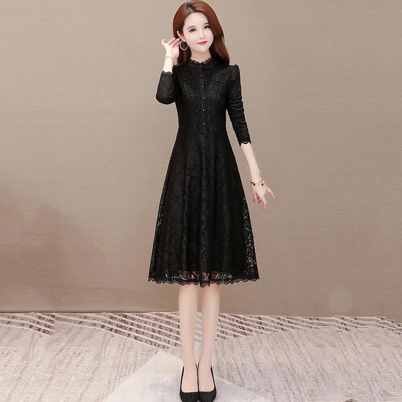 Lace Dress Autumn and Winter Temperament Long-sleeved Bottoming Skirt Waist Slim A-line Mid-length Ladies Dress