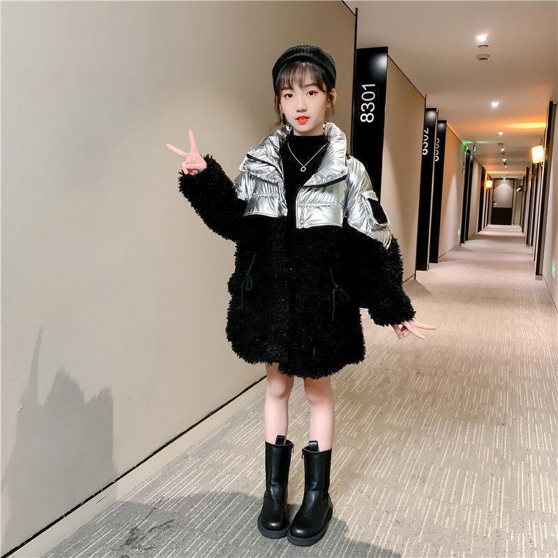 Girls' Thick and Velvet Warm Cotton Coat Winter Down and Windproof Cotton Jacket Girls Mid-length Padded Jacket