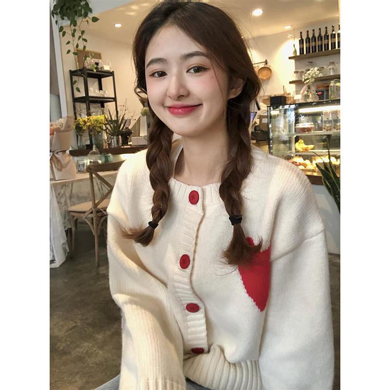 White Knit Cardigan Sweater Girl Student Korean Style Loose Cute Lazy New Round Neck Western-style Love Jacket