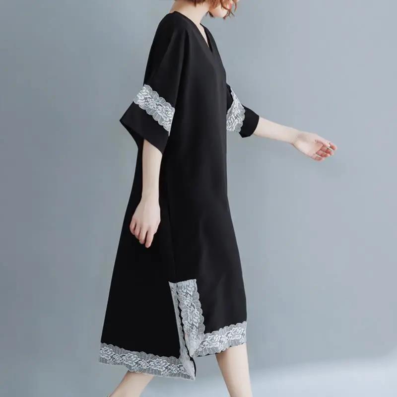 WTEMPO Women's Summer Dress Black Lace Large Size XL-XXXXL Loose Long V-neck Irregular