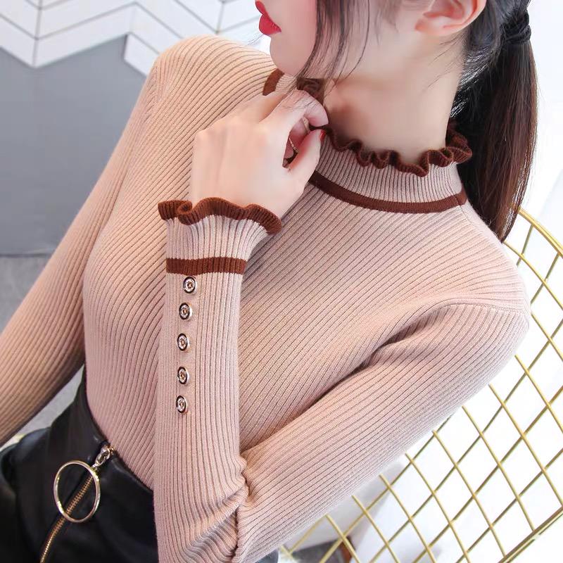 Pofulove early spring new sweater sweater women sweet temperament ruffled flared sleeve cardigan