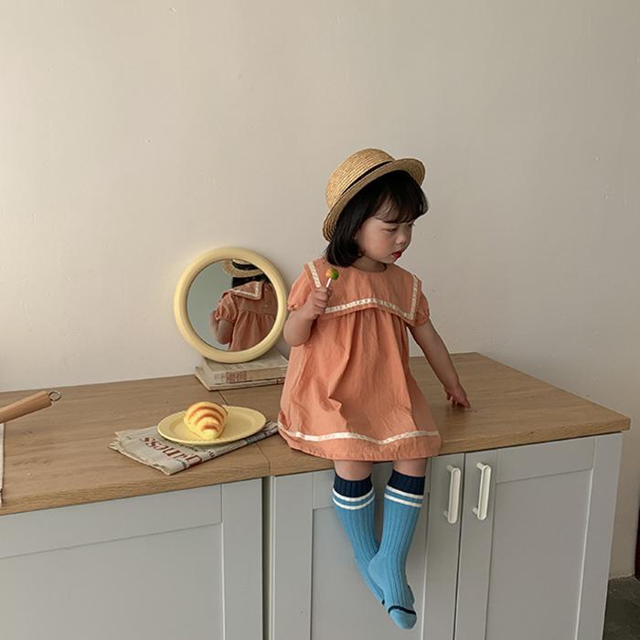 Summer Children's Clothing College Navy Girl's Dress Turn-down Neck Korean Style Baby Girl Skirt Short Sleeve