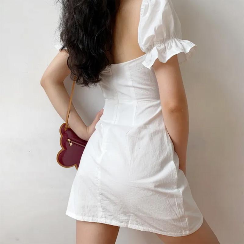 White Dress French Palace Style Retro Square Neck Puff Sleeve Holiday Skirt Women's Slim S-L Size