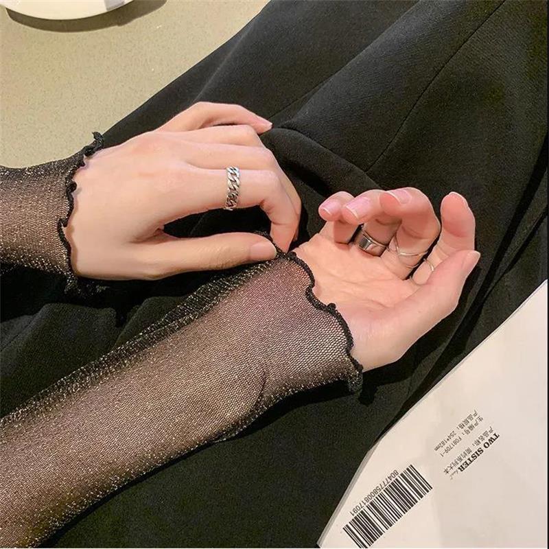 Sexy Mesh Shiny Long Sleeve T Shirt Women Fall Transparent Party Black Tee Shirts Sexy Thin O Neck Short Tops