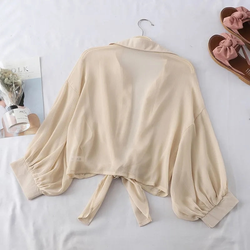 Summer Shirt Half Sleeve Buttoned Up Loose Casual Blouse Chiffon Shirts Women Tied Waist Elegant Blouses for Women