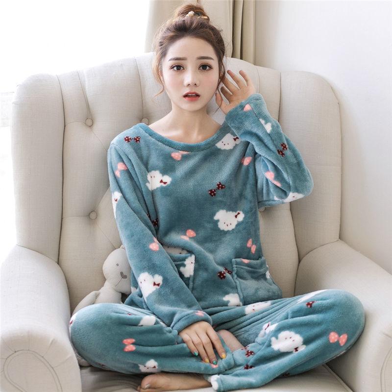 Autumn and Winter Thick Korean Flannel Ladies Pajamas Coral Fleece Loose Casual Cute Plus Size Home Service