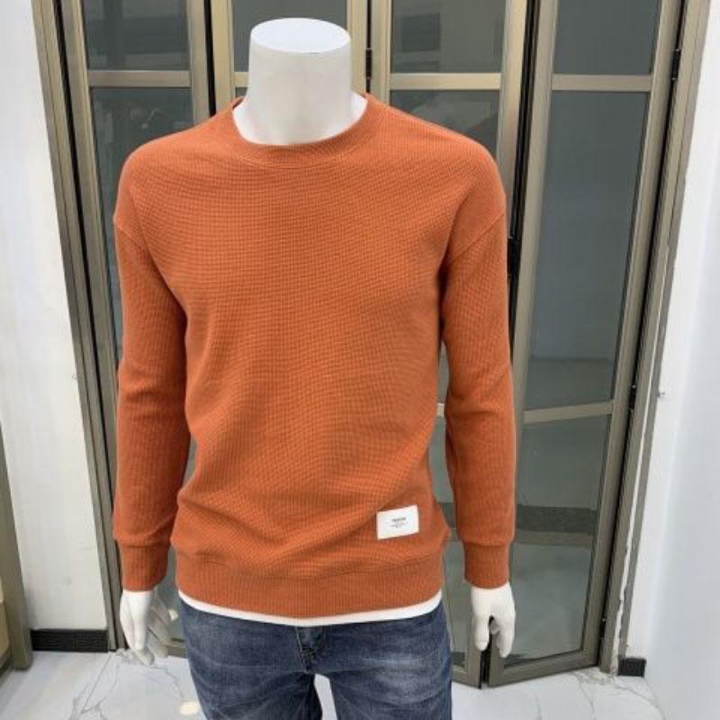 Solid Color Labeling Waffle Round Neck Pullover Loose Version Casual Sweater Men's Long-sleeved Top