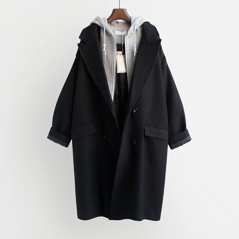 Thickened Fake Two-piece Woolen Coat 2021 Autumn and Winter Women's Korean Mid-length Loose Plus Cotton Woolen Coat