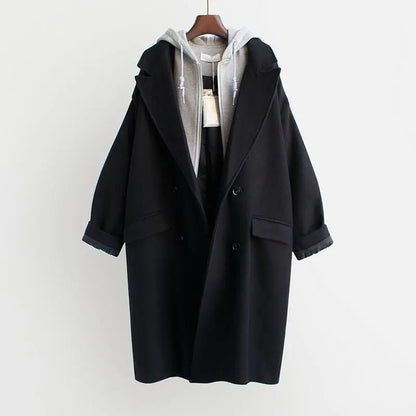 Thickened Fake Two-piece Woolen Coat 2021 Autumn and Winter Women's Korean Mid-length Loose Plus Cotton Woolen Coat