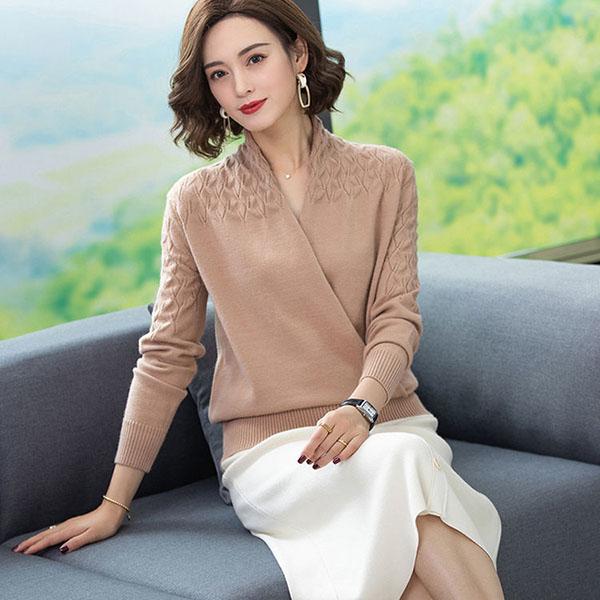 Women's Solid Color Woollen Sweater Loose Plus Size Cross V-neck Sweater Pullover Wool Knit Jumper