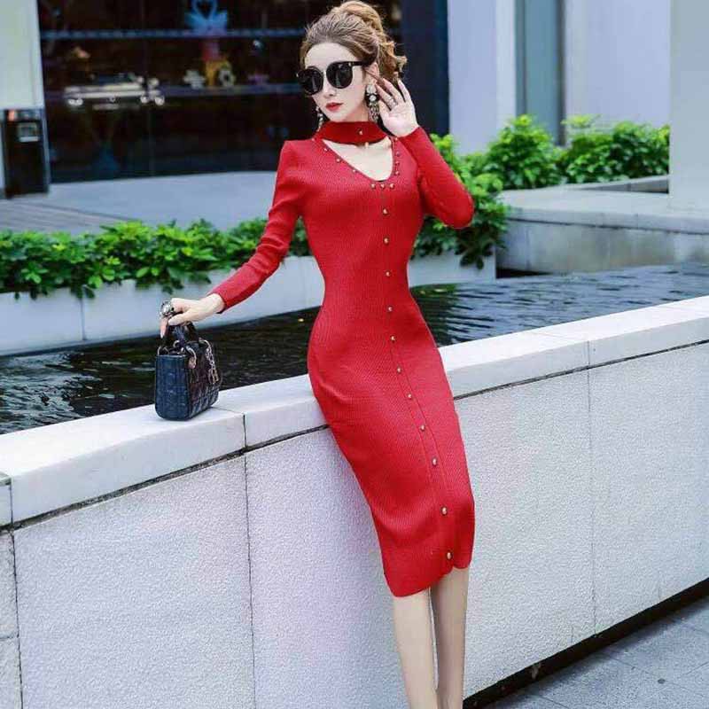 Autumn and Winter OL style Slim Long Knitted Dress Female Bag Hip Long-sleeved Knitted Sweater Bottoming Dress