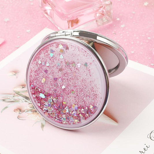 Hand-held Makeup Mirror Mini Vanity Mirror Schoolgirl Woman Flip Foldable Easy To Carry  Quicksand Sequins Small Round Mirror