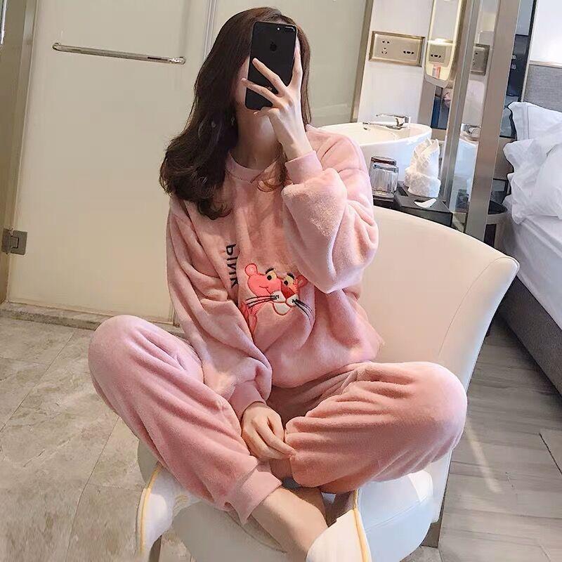 Women's Autumn and Winter Coral Velvet Thick Pajamas Flannel Plus Velvet Outer Wear Home Service Suit