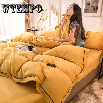 4pcs  Fleece Bedding Set  Lace Duvet Cover Flat Sheet Pillowcase Flannel Winter Warm Bed Linen