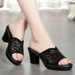 Slippers Women's Rhinestone Hollowed-out Semi-trailer High-heeled Sandals Medium-heeled Women's Shoes All-match Flip-flop Sandals