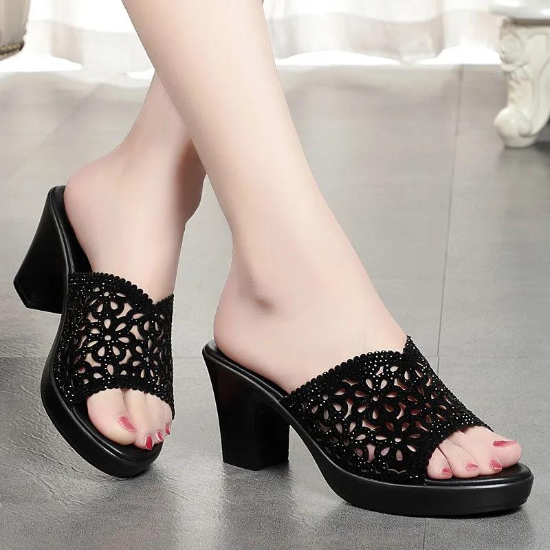 Slippers Women's Rhinestone Hollowed-out Semi-trailer High-heeled Sandals Medium-heeled Women's Shoes All-match Flip-flop Sandals