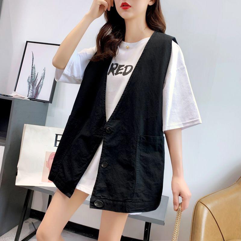 Big Pocket Solid Color Women's Vest Sleeveless Spring and Summer Loose Casual Waistcoat