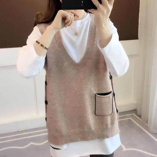 Spring and Autumn Fashion Knitted Vest Loose Solid Color Sleeveless Vest Casual Simple Female Sweater