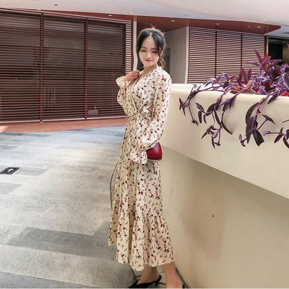 High waist mid-length skirt floral chiffon dress female loose wild long-sleeved V-neck